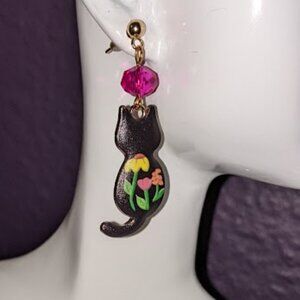Black Floral Cat Earrings